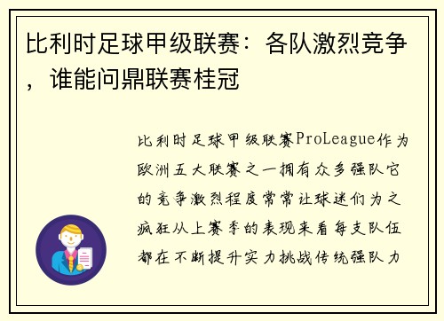 比利时足球甲级联赛：各队激烈竞争，谁能问鼎联赛桂冠