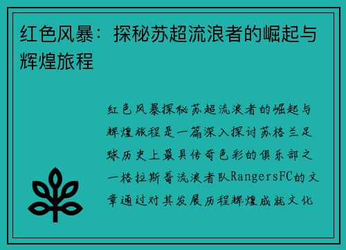 红色风暴：探秘苏超流浪者的崛起与辉煌旅程