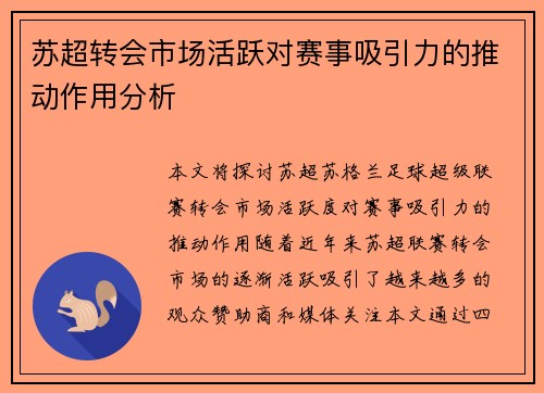 苏超转会市场活跃对赛事吸引力的推动作用分析